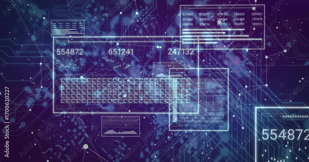 Poster streaming ui panels over circuitry traces in network, with alphanumeric grid and numeric displays