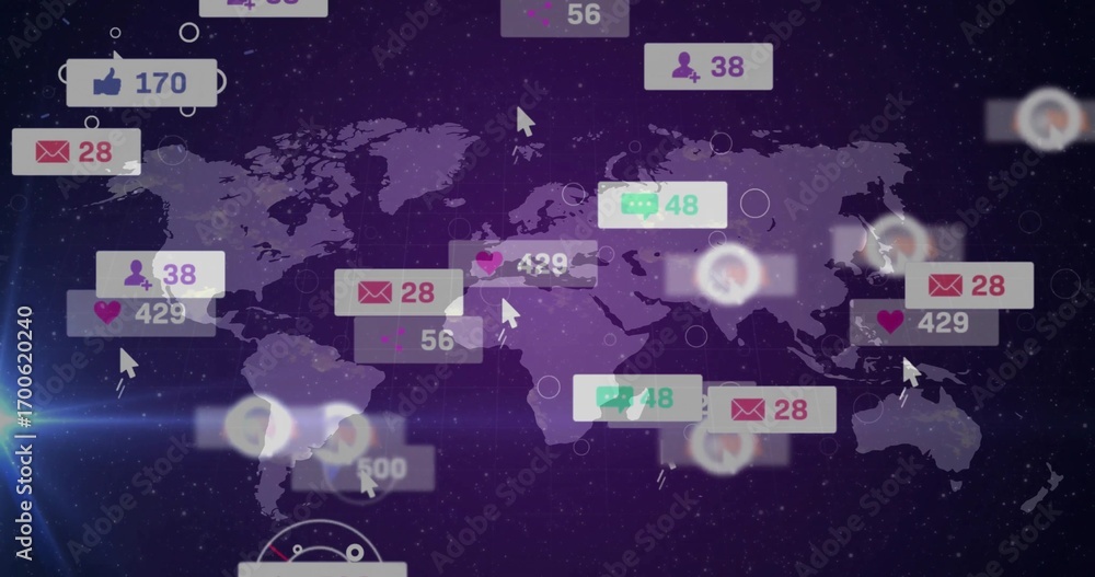 Poster displaying transparent purple world map over cosmic dashboard, with floating notification icons