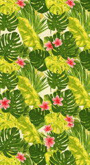 Bright green and yellow tropical leaves with pink flowers, seamless pattern vector illustration