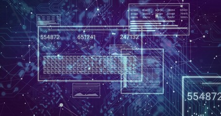 Streaming UI panels over circuitry traces in network, with alphanumeric grid and numeric displays