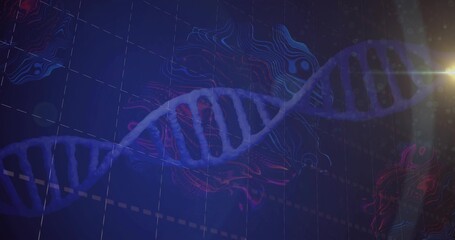 Glowing double-helix DNA strand winding across lab grid backdrop, with contour maps and light flare