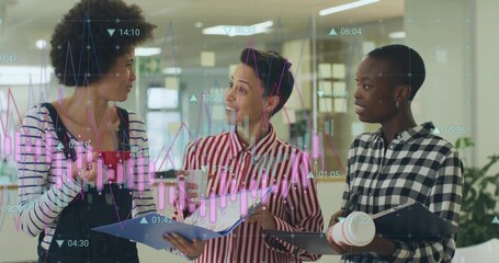 Three colleagues discussing charts overlay in open office, with folders, clipboard and coffee
