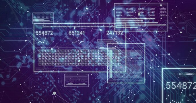 Streaming UI panels over circuitry traces in network, with alphanumeric grid and numeric displays