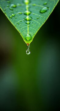 Macro shot of fresh green leaf with dew droplets and a single drop falling from its tip