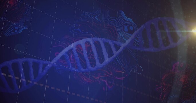 Glowing double-helix DNA strand winding across lab grid backdrop, with contour maps and light flare - Powered by Adobe