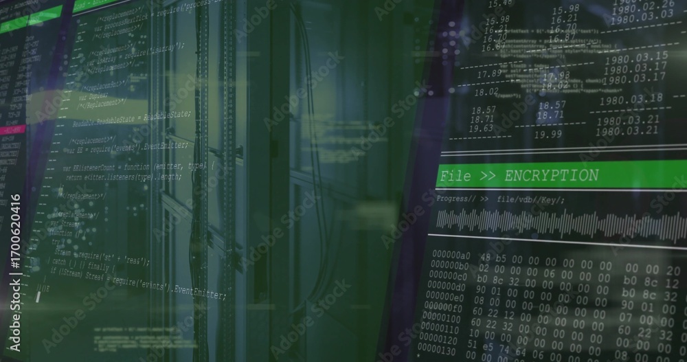 Leinwandbilder displaying server rack with cables in data center, showing green code and encryption progress panel