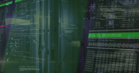 Displaying server rack with cables in data center, showing green code and encryption progress panel