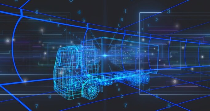 Floating neon blue wireframe box truck traversing grid tunnel, with numeric markers and light nodes