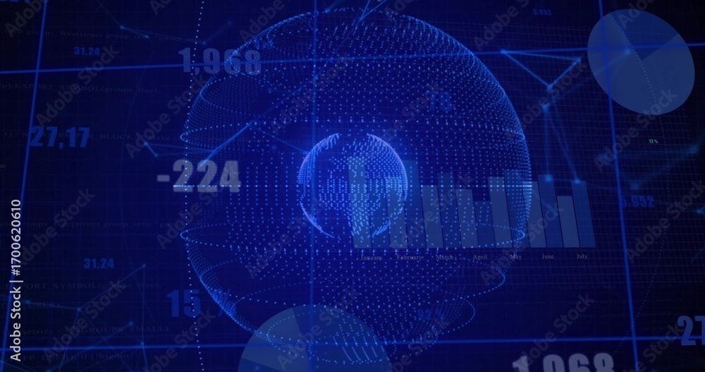 Poster displaying 3d dotted globe swirling paths in digital dashboard, showing bar chart, floating labels