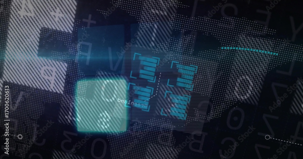 Poster displaying abstract digital interface on futuristic screen with glowing rectangles and bar graphs