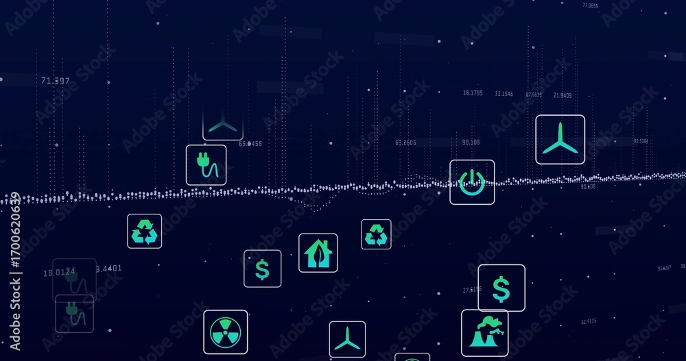 Poster displaying waveform line stretching across data dashboard with green energy, eco and finance icons