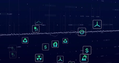 Displaying waveform line stretching across data dashboard with green energy, eco and finance icons