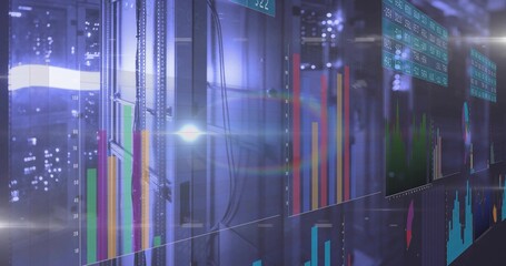Projecting holographic bar,pie,line graph and table overlays on server rack in data center corridor