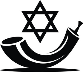 Black silhouette of a star of david and a shofar horn on a light gray background