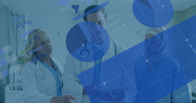 Medical team reviewing patient statistics in hospital corridor, with tablet and clipboard - Powered by Adobe