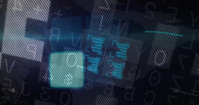 Displaying abstract digital interface on futuristic screen with glowing rectangles and bar graphs