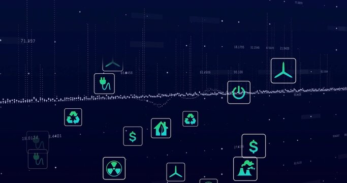 Displaying waveform line stretching across data dashboard with green energy, eco and finance icons