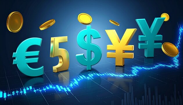 Euro, Dollar, and Yen currency symbols with coins and stock market graph.