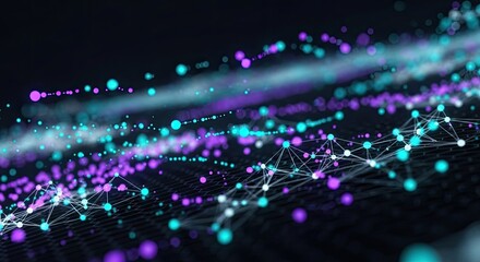 Abstract digital network of purple and teal glowing particles