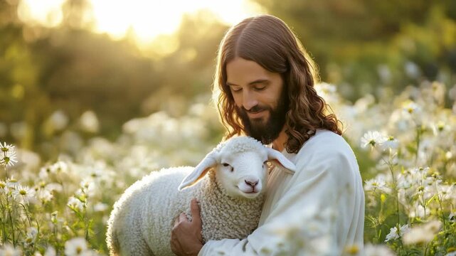 Jesus Christ walking on a green pasture hill, gently holding a lamb in His arm, symbolizing the parable of the Lost Sheep from Luke 15:4-7 &mdash; a scene of love, care, and divine compassion.