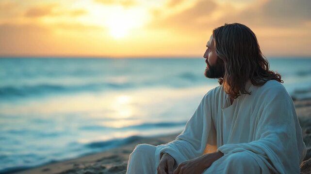 Jesus Christ looking out at ocean with bright sunlight 
