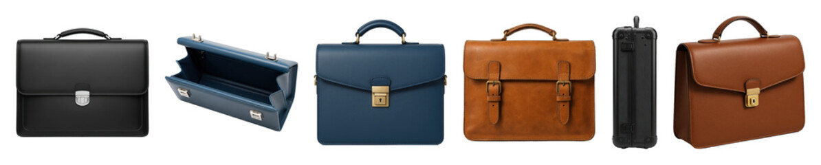 Briefcase and attache case set including leather, hardshell, open, closed, black, blue, and brown views isolated. Business travel and professional accessories.