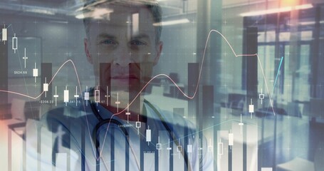 Doctor wearing coat and stethoscope analyzing finance charts in hospital lobby, with chart overlay