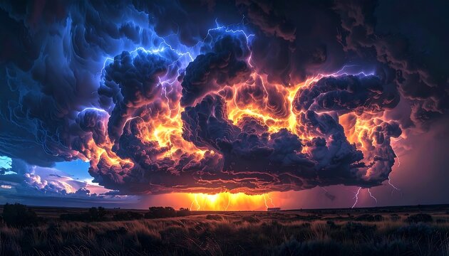 Fiery fantasy storm : dramatic lightning cloudscape featuring massive
