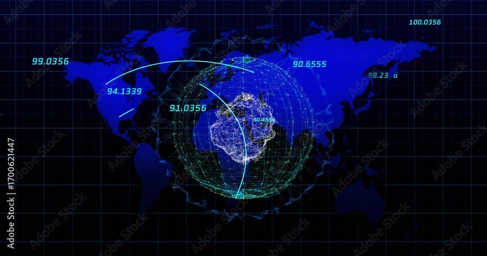 Poster displaying world map grid overlay on dark backdrop with spherical network, arcs and numeric labels
