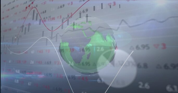 Green 3D globe floating on trading dashboard with trend lines, candlestick bars and numeric data
