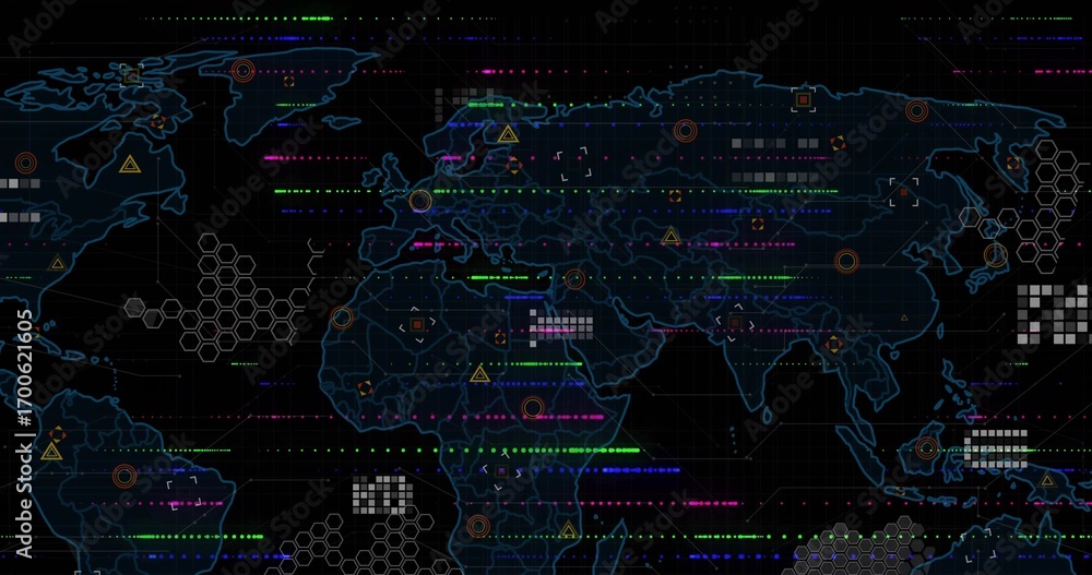 Poster digital world map display streaming flows in control console, with hex grid, nodes and glitch lines