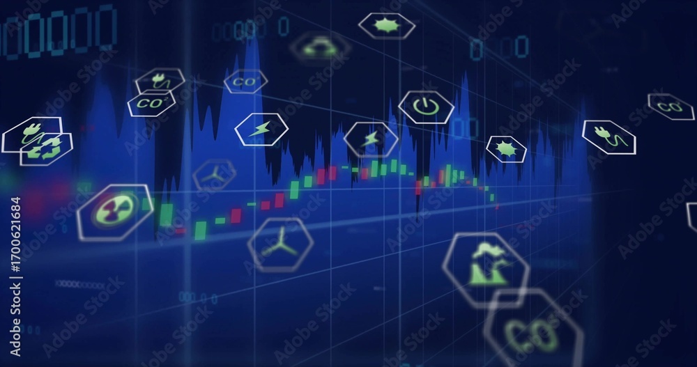 Poster displaying candlestick chart showing green and red bars on digital dashboard, with renewable icons