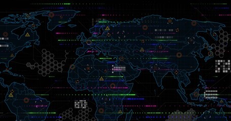 Digital world map display streaming flows in control console, with hex grid, nodes and glitch lines
