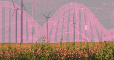 Row of wind turbines standing on rural ridge, with yellow wildflowers and pink DNA helix overlay