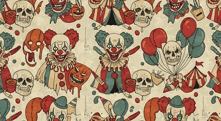 A repeating pattern of scary clowns, skulls, masks, balloons, and circus tents on a textured background.