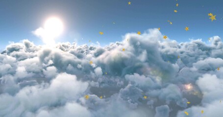 Drifting fluffy cumulus clouds covering high-altitude sky, with bright sun and golden star shapes