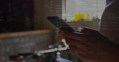 Reviewing code overlays on tablet by female professional in dark shirt at office desk, copy space