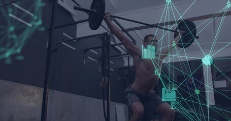 Shirtless weightlifter performing overhead barbell lift at metal rack in gym with network overlay