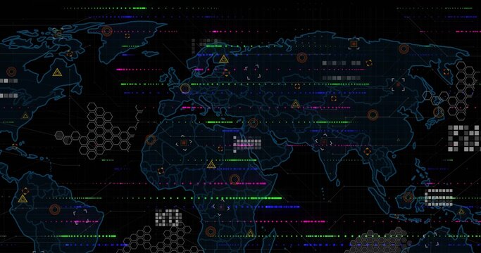 Digital world map display streaming flows in control console, with hex grid, nodes and glitch lines