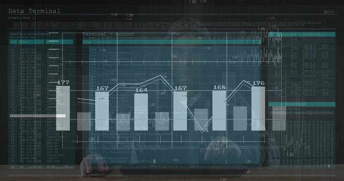 Adult male reviewing code terminal text on transparent digital display at workspace with bar chart - Powered by Adobe
