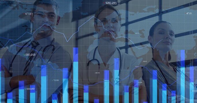 Standing medical team analyzing data charts inside clinic, with stethoscopes white coats and scrubs - Powered by Adobe