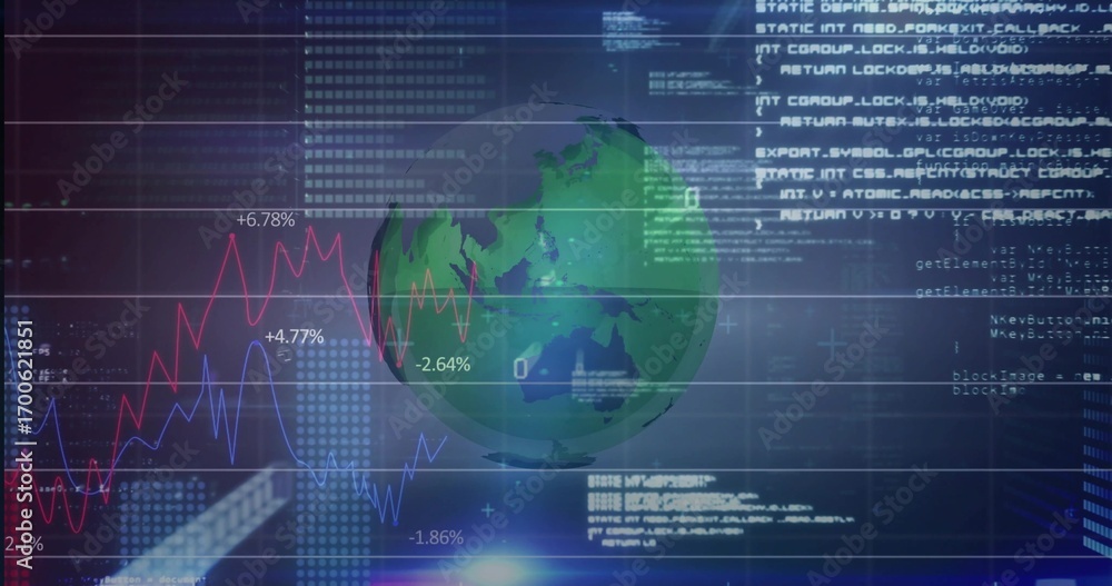 Poster displaying 3d globe rotating on digital dashboard, with trend lines and percentage labels