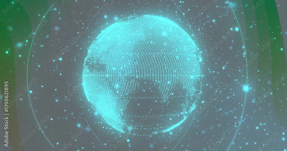 Poster rotating holographic globe showing floating data points in holographic space, circular grid rings