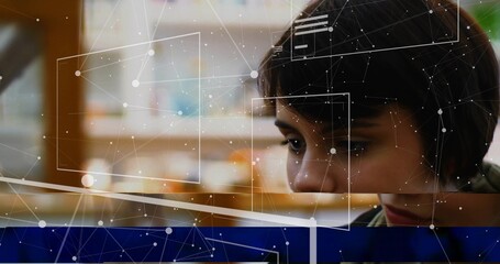 Interacting woman in green sweater using UI panels on library table with bookshelves, copy space