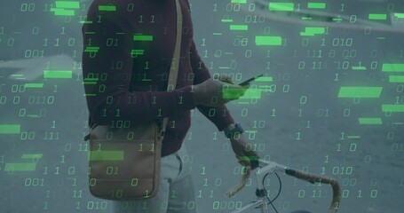 Standing man holding smartphone and gripping bike handlebar on city street, with binary digits