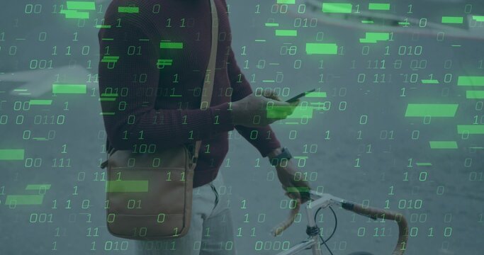 Standing man holding smartphone and gripping bike handlebar on city street, with binary digits