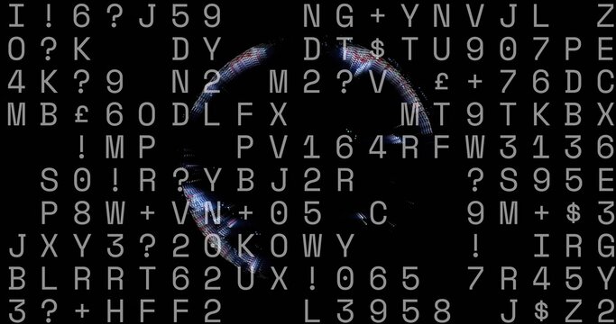 Neon ring glitching in matrix, with alphanumeric grid, question and plus signs, currency symbols - Powered by Adobe