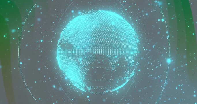 Naklejki Rotating holographic globe showing floating data points in holographic space, circular grid rings