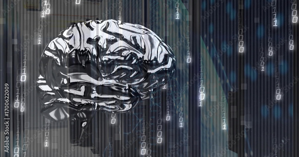Fototapete floating metallic stylized brain drifting within virtual environment, with streams of binary code