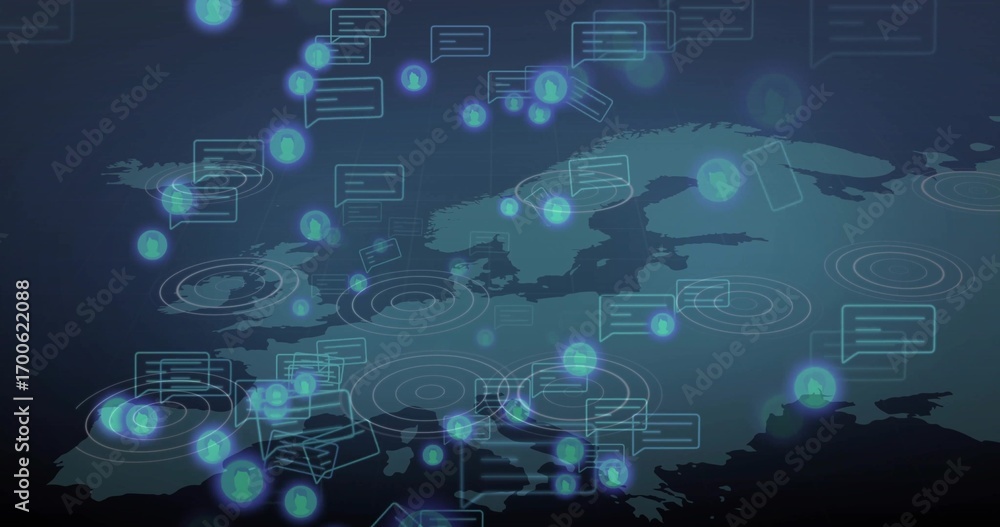Poster displaying outlined europe map glowing on dark blue gradient, with network nodes and chat icons